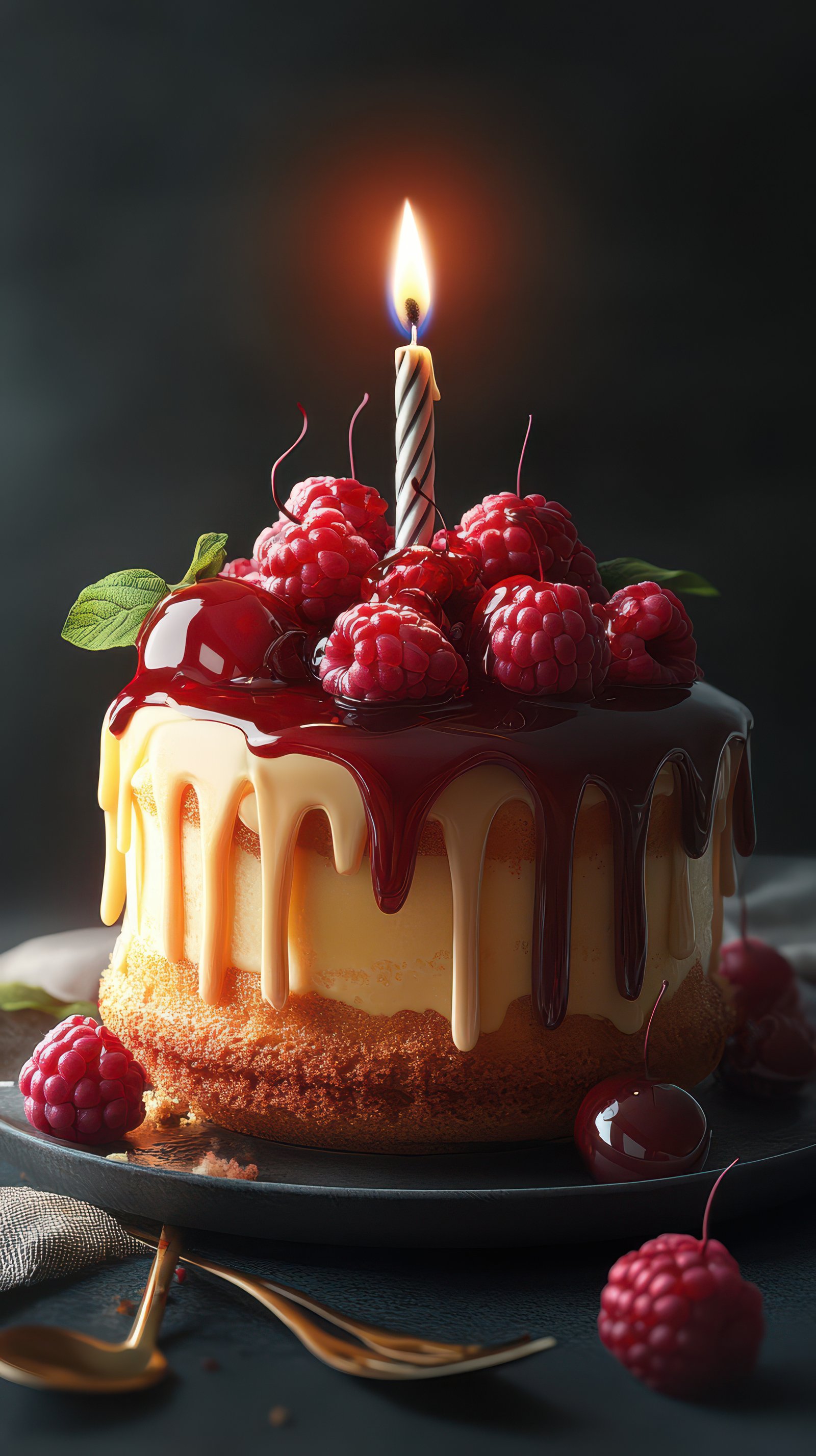 Delicious birthday cake topped with fresh raspberries and a single candle, ideal for celebrations or special occasions
